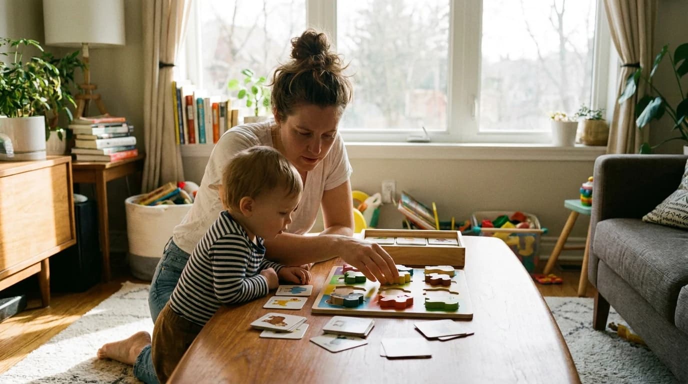 A parent and a young child sitting on a rug taking turns with a simple colorful matching board game.