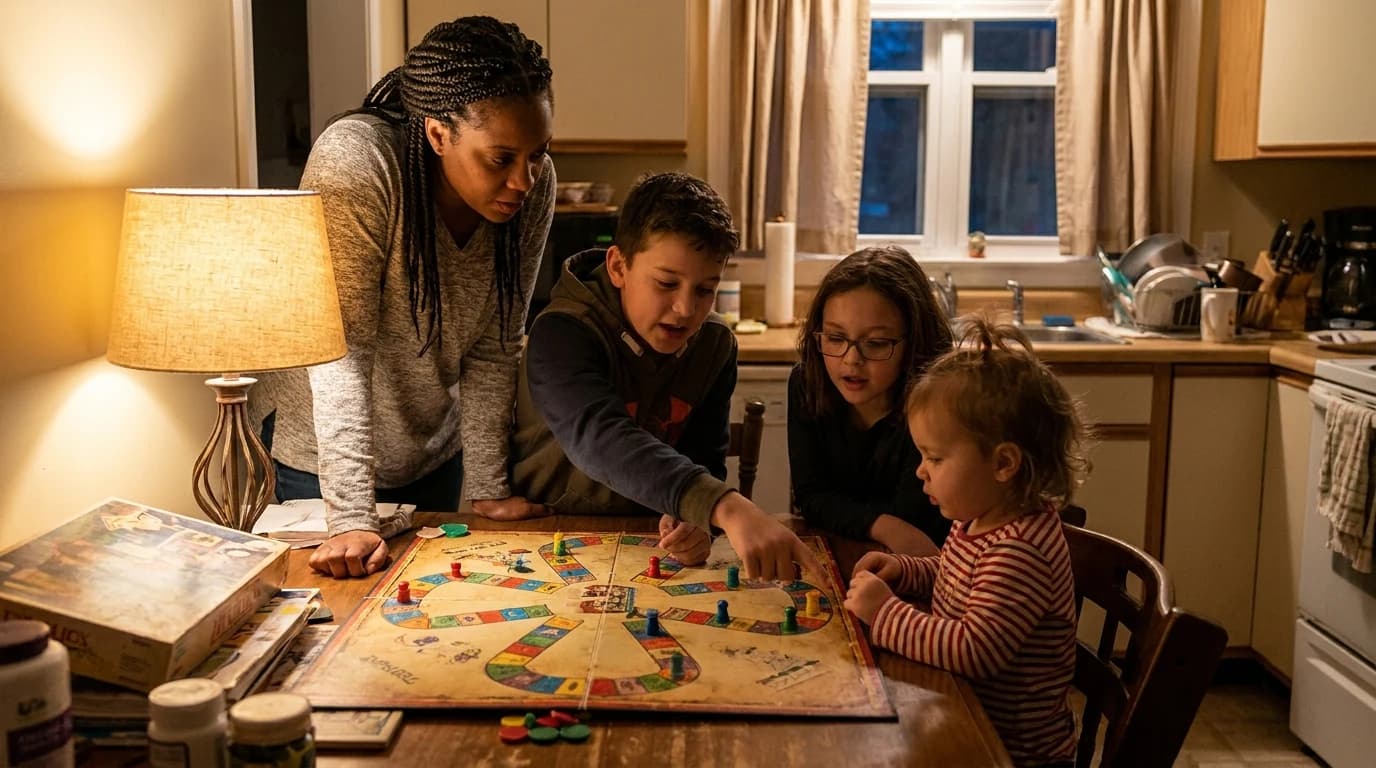Three children of clearly different ages and one adult gathered around a single board game at a kitchen table.