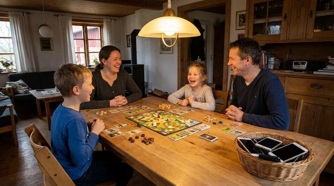 A family gathered at a dining table with one board game set up and a phone basket pushed to the side.