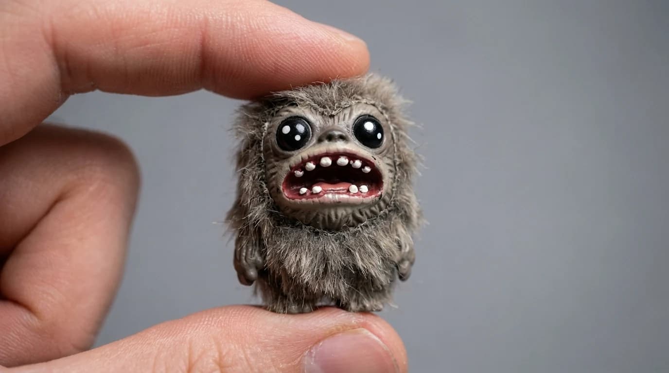 A small vinyl collectible figure held close to the camera with its open toothy grin in sharp focus.