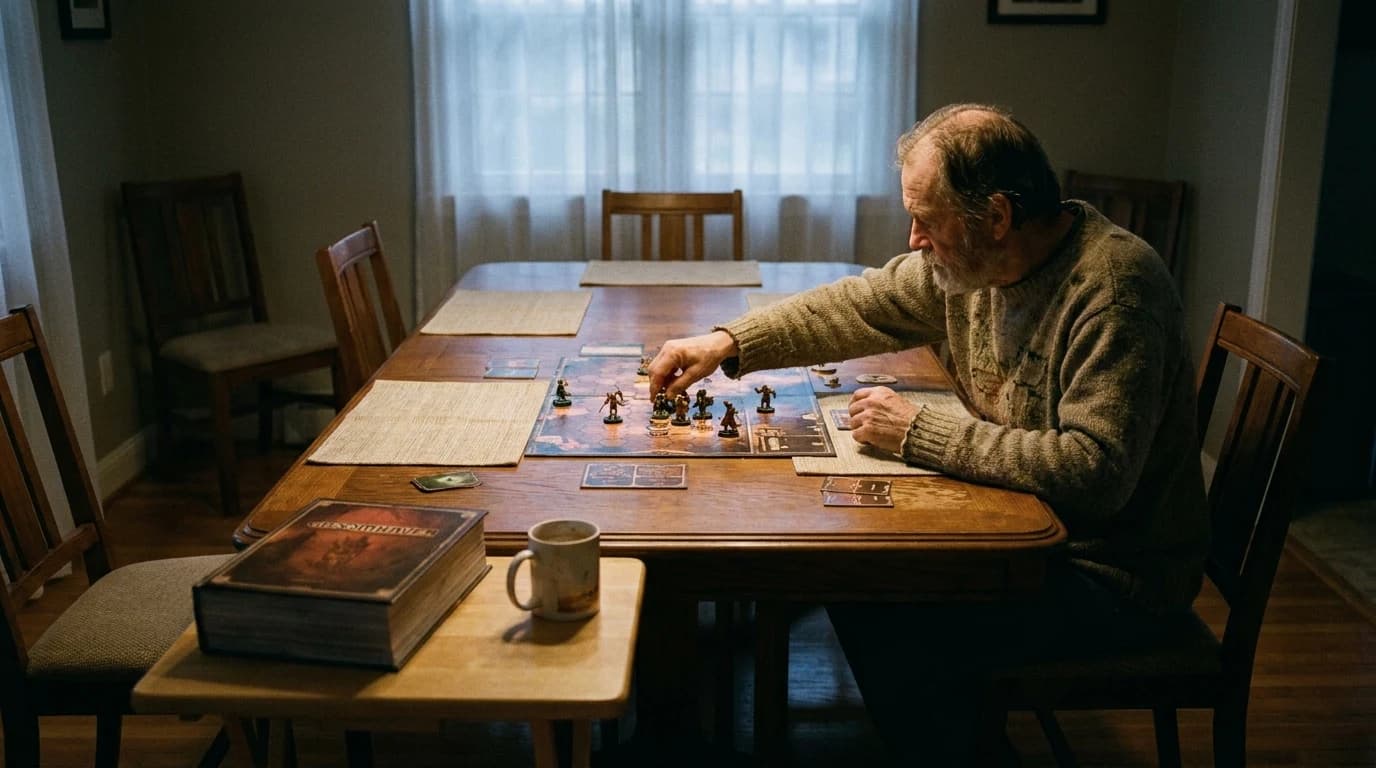 A person sitting alone at a table running through a board game setup with the rulebook closed beside them.