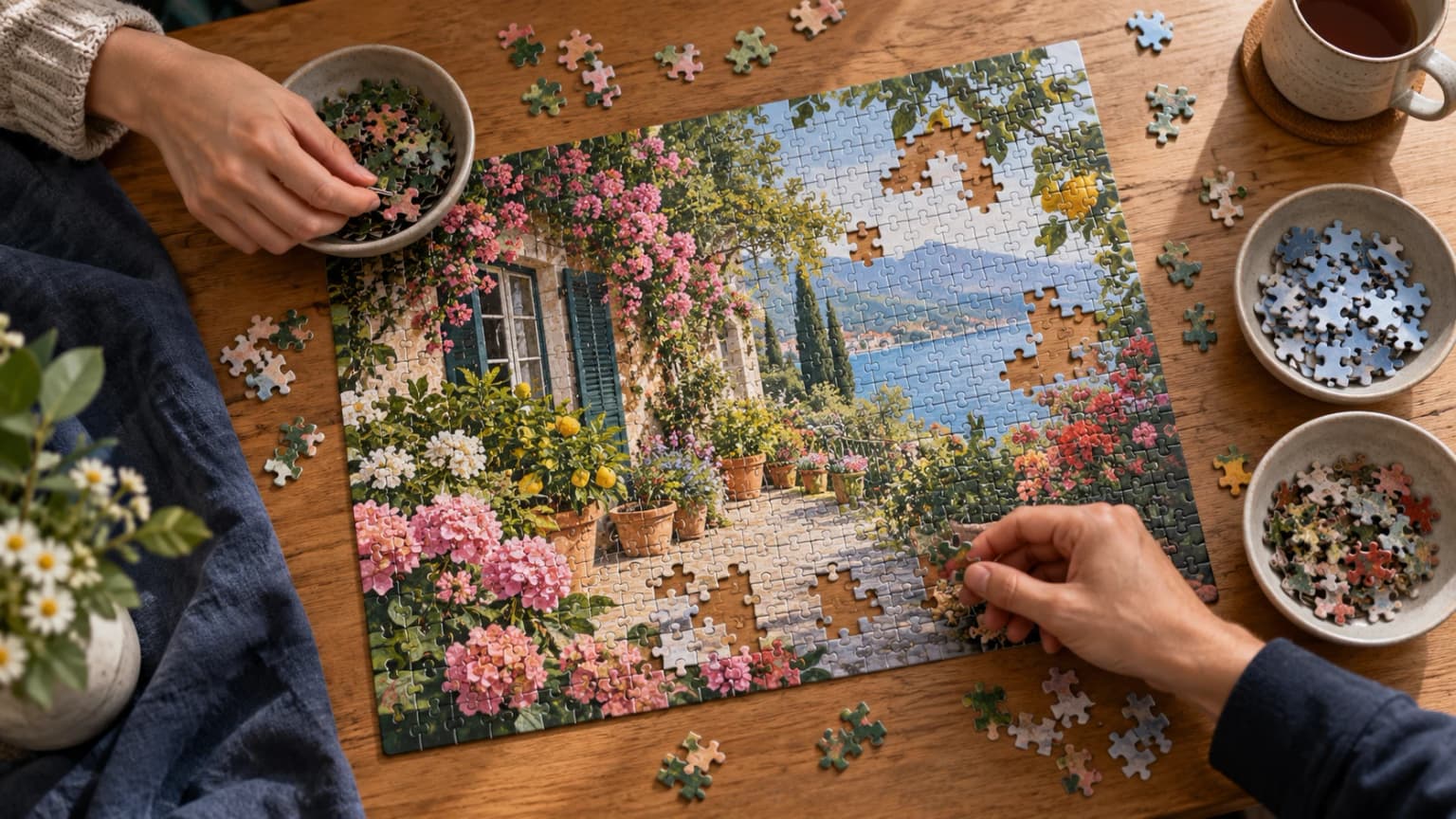 Two adults sort pieces around an illustrated garden jigsaw on a wooden table.
