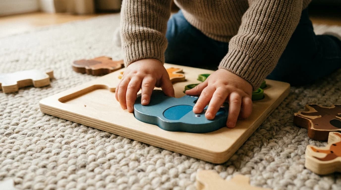 A toddler's hands pressing a chunky wooden puzzle piece into a tray puzzle on a rug.