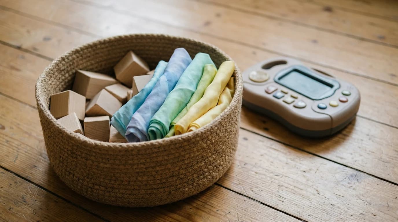 A basket of plain wooden blocks and fabric play silks on a bare floor beside a switched-off electronic toy.