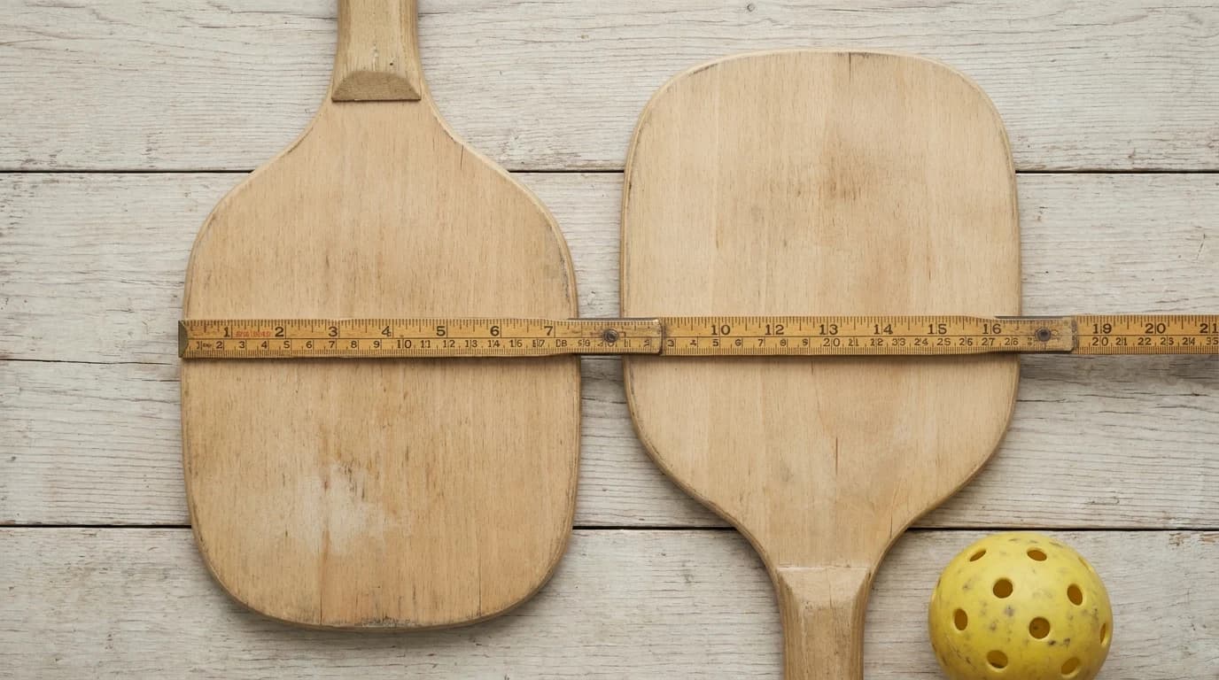 Two pickleball paddles laid side by side on pale wood with a folding ruler stretched across both faces.