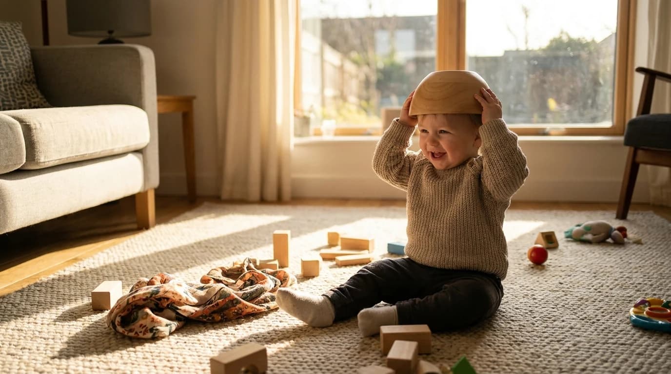 A young child holding a plain wooden bowl upside down on their head while playing on a living room floor.