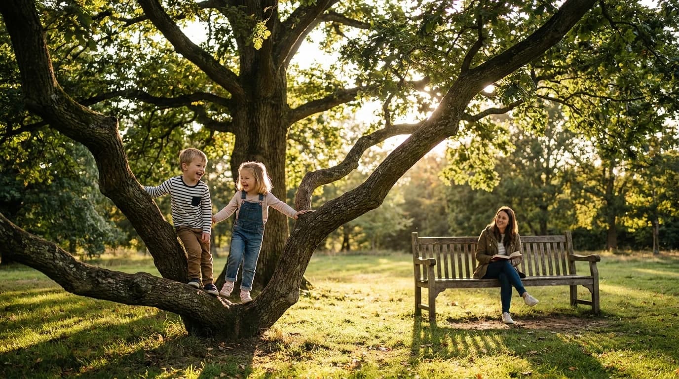 Children climbing a low tree in a park while an adult watches from a bench some distance away.