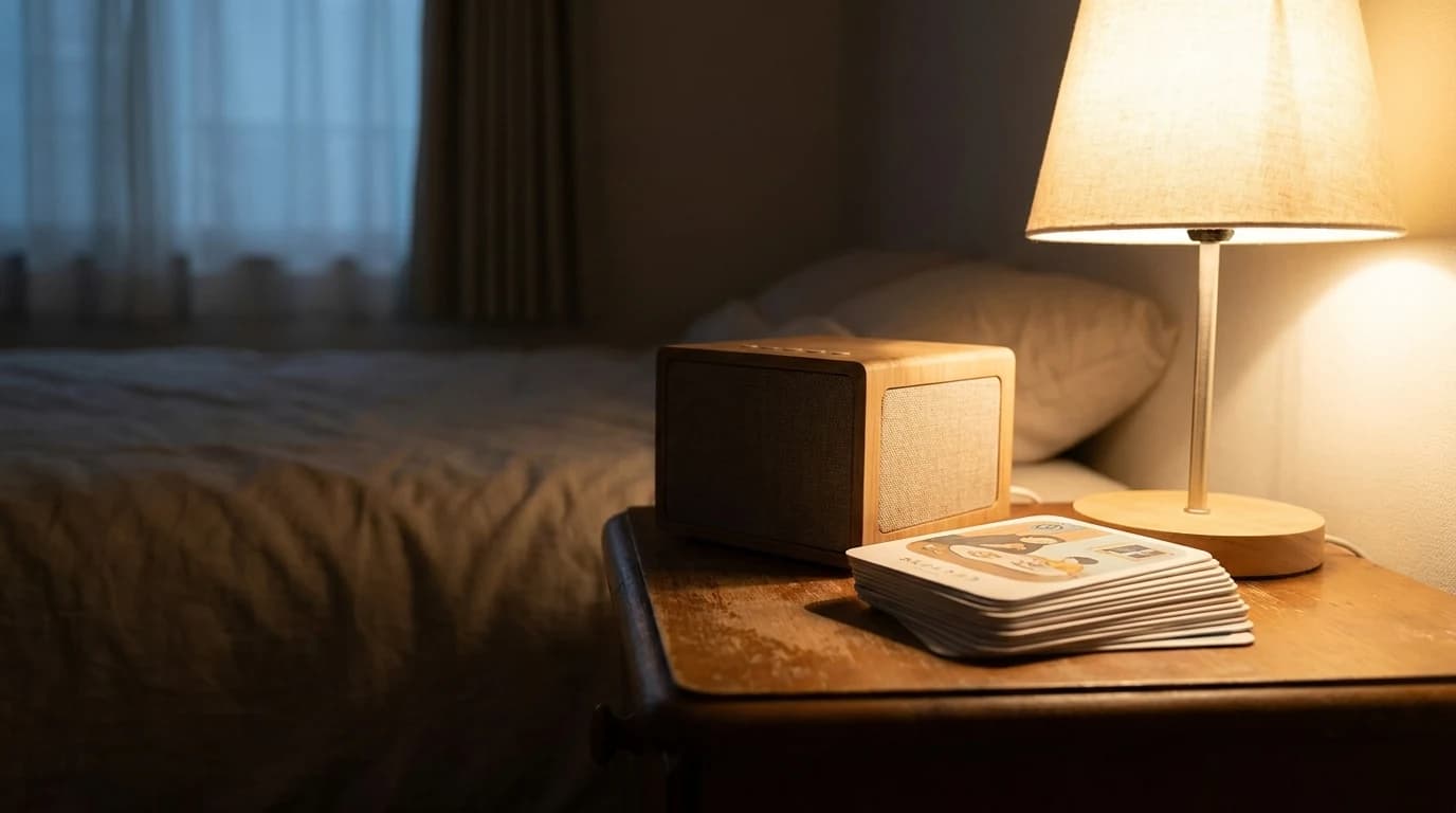 A small audio player on a child's nightstand beside a stack of story cards and a bedside lamp.