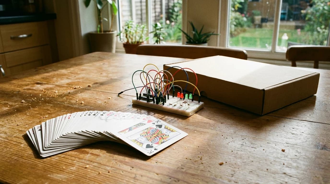 A kitchen table with a card game, a half-built electronics kit and a board game box side by side.