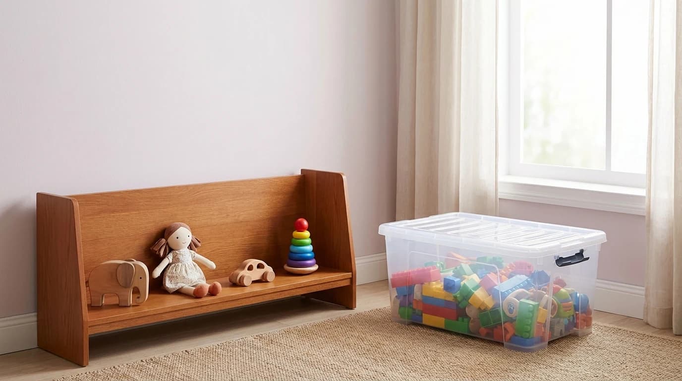 A low shelf holding four toys neatly spaced, with a lidded storage box of other toys closed beside it.
