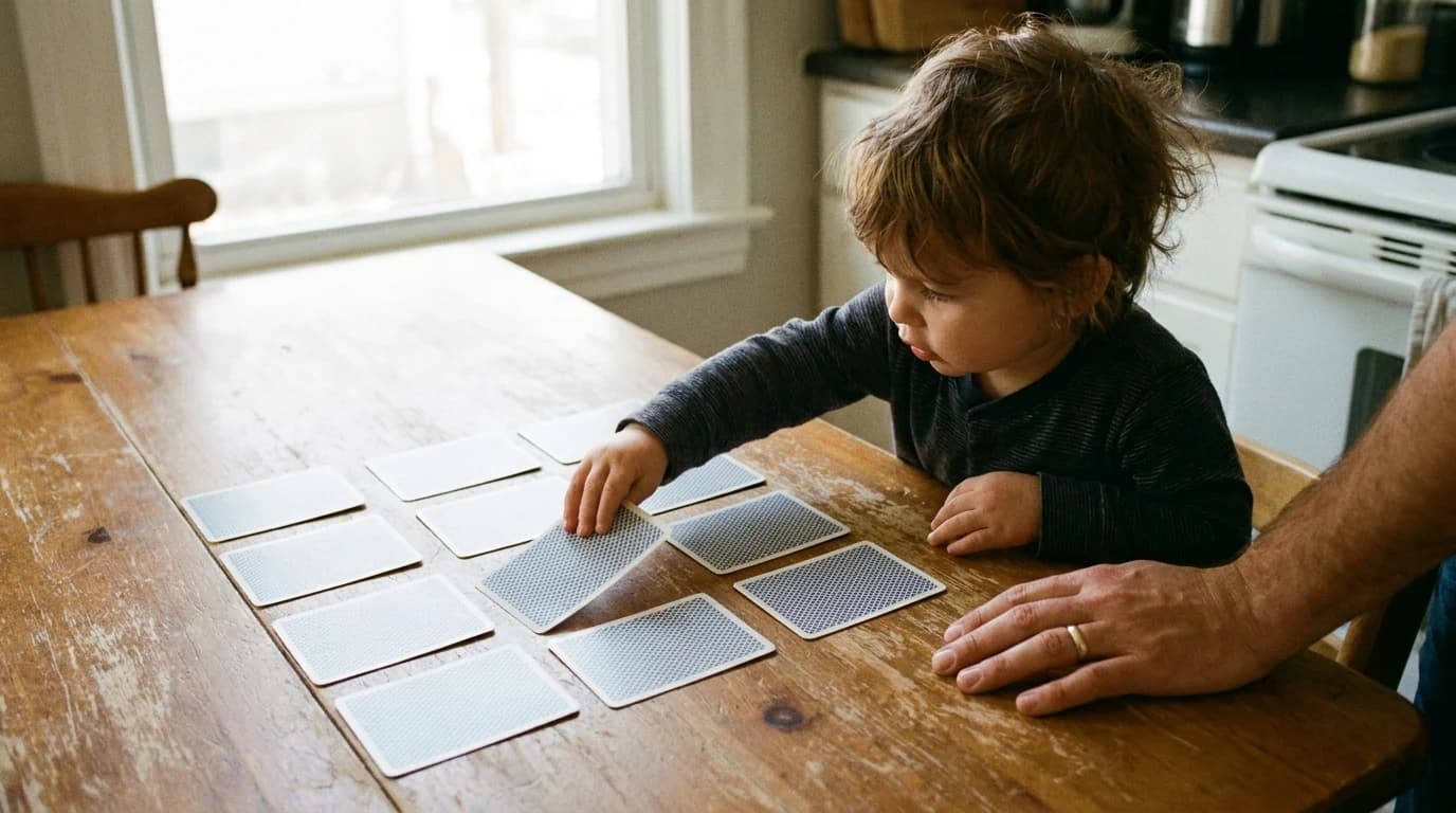 A young child turning over a card in a memory matching game laid out in a grid on a table.