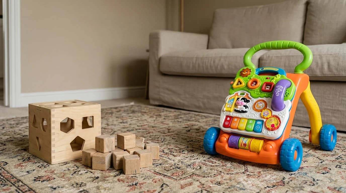 A wooden shape-sorter and a pile of plain blocks on a rug beside a switched-off talking electronic toy.