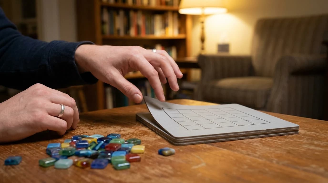 Two hands flip a square player board to its plain gray side next to a small pile of glossy mosaic tiles.