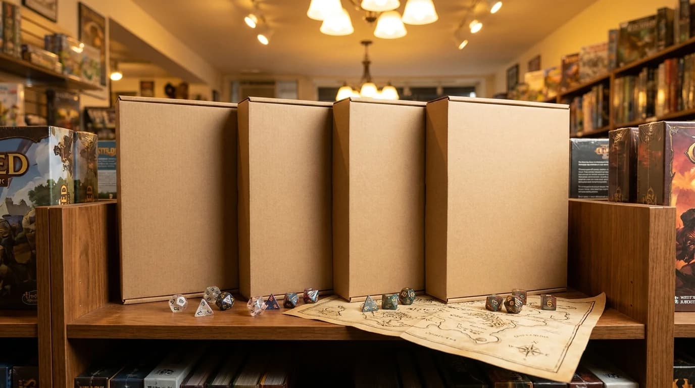 Four boxed roleplaying game starter sets standing side by side on a game store shelf.