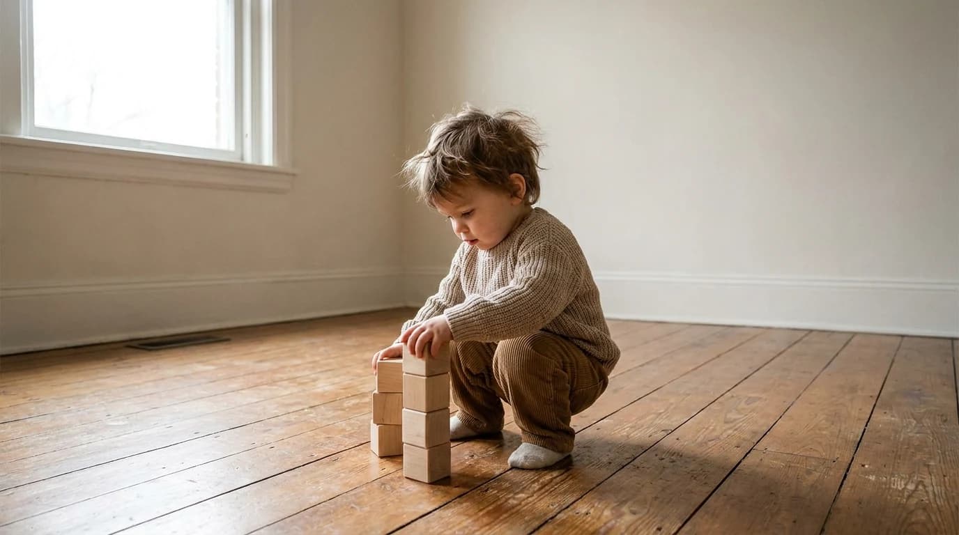 A toddler absorbed in stacking a small set of plain wooden blocks on an otherwise clear floor.