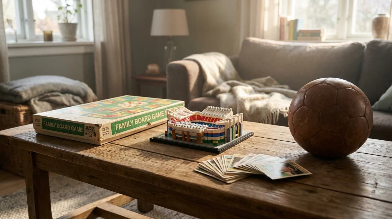A family board game box, a small brick-built display model and a stack of trading cards on a table.