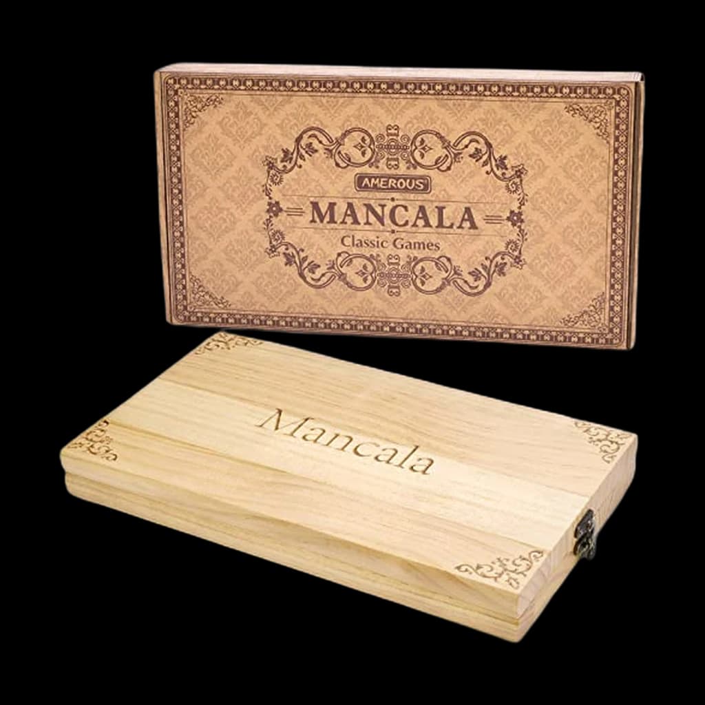 AMEROUS Upgraded Wooden Mancala (Folding Board + Glass Stones)