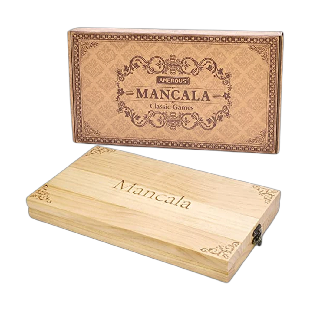 AMEROUS Upgraded Wooden Mancala (Folding Board + Glass Stones)